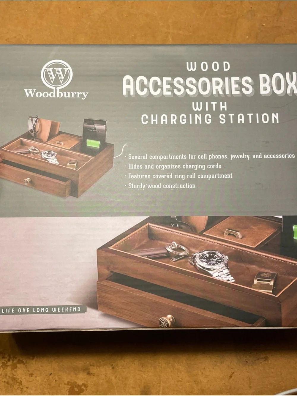 Brown Wood Accessories Organizer with Charging Station